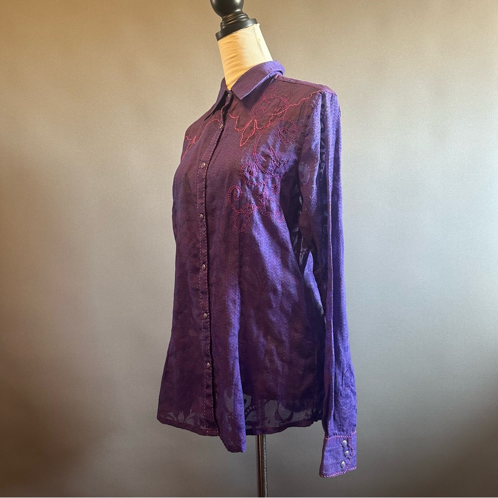 Women's Wrangler Snap Button Embroidered Sheer Shirt Purple Pink Sz M - Picture 10 of 12